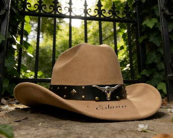 Sombrero de vaquero de gamuza personalizado, ala ancha, fieltro, sombrero occidental, nombre personalizado, logotipo, unisex