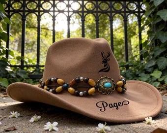 Boho Western Felt Cowboy Hat with Handmade Beaded Trim, Customized Gifts