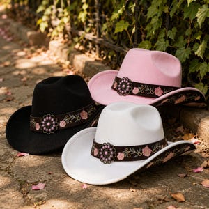 Women’s handmade Wide Brim Floral Accent Pink Felt Hat Blush pink floral burned suede wide brim rancher hat  main image 4