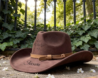 Wide Brim Felt Cowboy Hat Custom Text Western Style Hat, Vegan Suede Burned Gifts