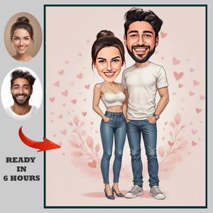 以下が含まれることがあります： 笑顔のカップルのデジタルイラスト。女性は白いクロップトップとジーンズ、男性は白いTシャツとジーンズを着ています。背景はピンクでハートがあり、「READY IN 6 HOURS」の文字があります。