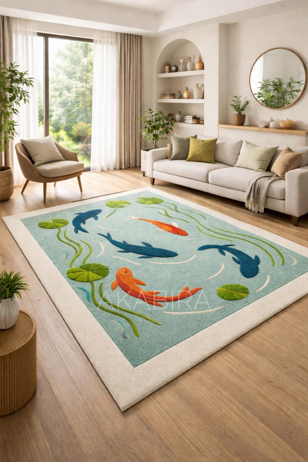 Luxury Koi Fish Pond Rug – Handmade Aqua Blue Designer Carpet With ...