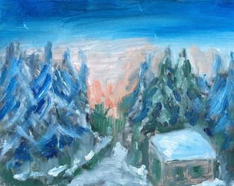 Pintura al óleo de un bosque nevado