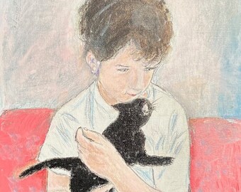 Acrylic painting of a Boy holding a Kitten