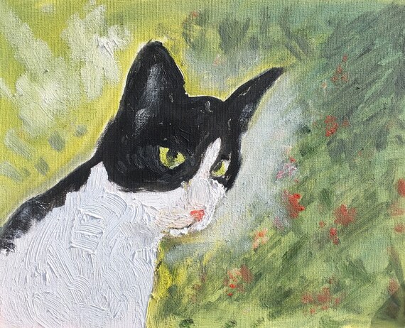 Peinture A Lhuile Dun Chat Noir Et Blanc Etsy