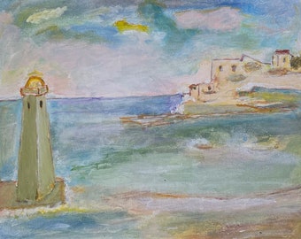 Peinture acrylique d'une vue sur la mer avec un phare