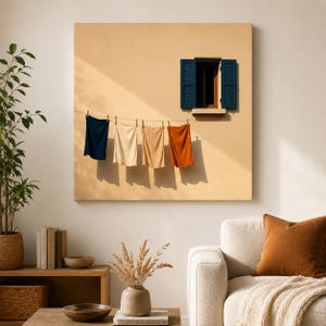 Könnte beinhalten: Ein quadratischer Wandkunstdruck, der eine beigefarbene Stuckwand mit einem kleinen Fenster und dunkelblauen Fensterläden zeigt. Eine Wäscheleine ist über die Wand gespannt und hält vier rechteckige Tücher in Marineblau, Creme, Hellbraun und Rostorange.
