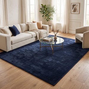 Solid Navy Blue Area Rug, Plush Minimalist Wool Carpet, Luxury Dark Blue Living Room Rug, Modern Rectangular Floor Rug