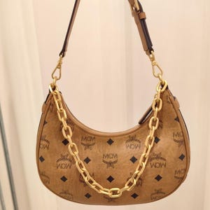 MCM Visetos Mini Hobo Bag Cognac Monogram Gold Chain Shoulder Bag