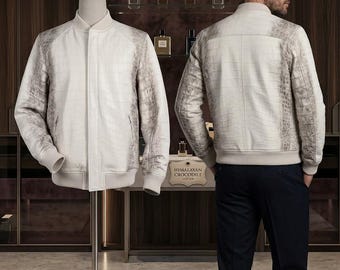 Crocodile Embossed Leather Bomber Jacket – Himalayan White Alligator Varsity Coat