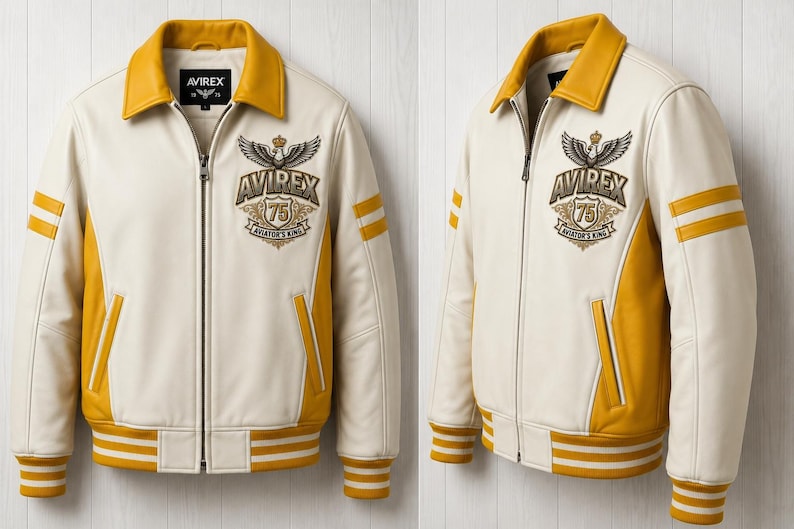 May include: An off-white and mustard yellow jacket with a full-length front zipper, a mustard collar, and striped cuffs. The chest features an embroidered Avirex 75 Aviator's King logo with a crown and wings emblem on a dark background.