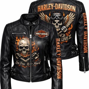 Chaqueta de cuero Harley-Davidson hecha a mano para hombre y mujer – Diseño de alas de calavera DTF