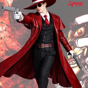 Anime Inspired Vampire Red Leather Long Coat, Gothic Cosplay Trench Outerwear