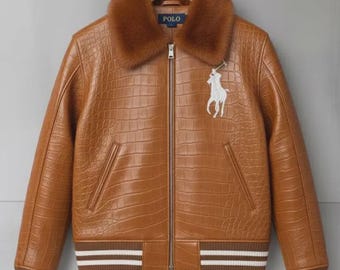 Men's Crocodile Embossed Leather Bomber Jacket Fur Collar Cowhide Varsity Biker Luxury Streetwear