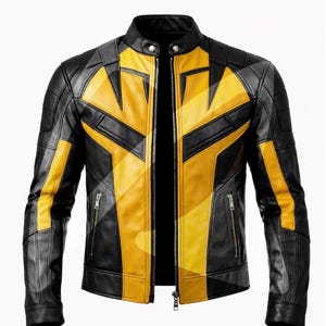 May include: Black and yellow leather jacket with a stand-up collar and a full-length zipper. The jacket features yellow geometric designs on the front and sleeves, with two zippered pockets. The jacket is a stylish outerwear piece.