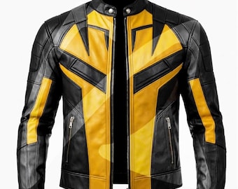 Wolverine Inspired Leather Biker Jacket – Black Yellow Cosplay Costume