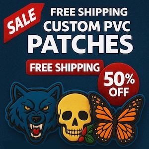 Peut inclure: Patchs personnalisés en PVC avec un loup bleu, un crâne jaune et un papillon orange. L'image contient le texte "SALE", "FREE SHIPPING" et "50% OFF". Le loup a les yeux jaunes et les dents découvertes. Le crâne a des orbites noires. Le papillon a des marques noires.