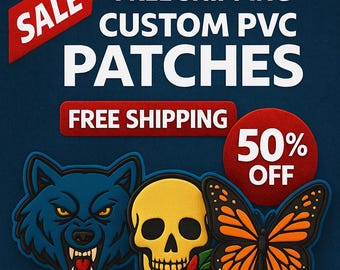 May include: Custom PVC patches with a wolf, skull, and butterfly design. The wolf is blue with yellow eyes and bared teeth. The skull is yellow with black eye sockets. The butterfly is orange and black. The image also includes the text "SALE", "FREE SHIPPING", and "50% OFF".