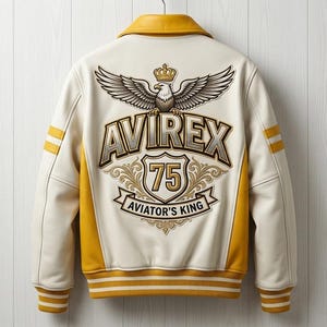 May include: A cream and yellow varsity jacket featuring a large back graphic with an eagle, a crown, the text AVIREX, the number 75, and the text AVIATOR'S KING. The jacket has a yellow collar, yellow side panels, and striped yellow and cream cuffs.