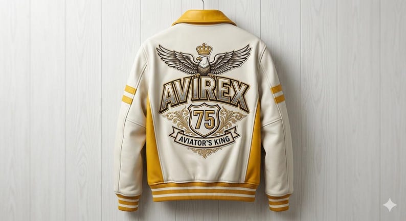 May include: A cream and yellow varsity jacket featuring a large back graphic with an eagle, a crown, the text AVIREX, the number 75, and the text AVIATOR'S KING. The jacket has a yellow collar, yellow side panels, and striped yellow and cream cuffs.