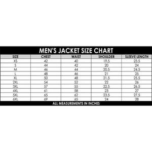 May include: A black and white jacket size chart with columns for size, chest, waist, shoulder, and sleeve length. The table lists sizes from XS to 6XL with corresponding measurements in inches. The text reads MEN'S JACKET SIZE CHART and ALL MEASUREMENTS IN INCHES.