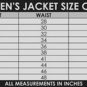 May include: A black and white jacket size chart with columns for size, chest, waist, hip, and sleeve length. The table lists sizes from XS to 6XL with corresponding measurements in inches. The text reads WOMEN'S JACKET SIZE CHART and ALL MEASUREMENTS IN INCHES.