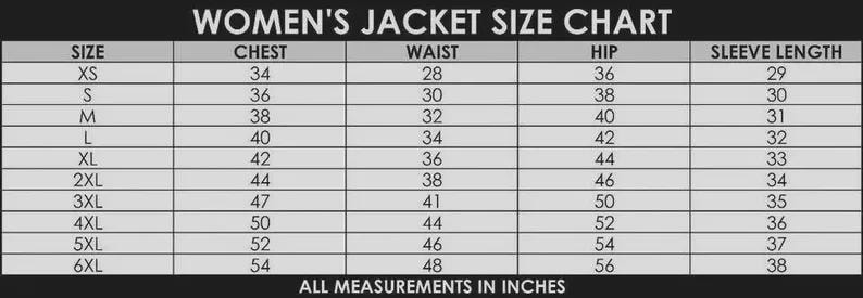 May include: A black and white jacket size chart with columns for size, chest, waist, hip, and sleeve length. The table lists sizes from XS to 6XL with corresponding measurements in inches. The text reads WOMEN'S JACKET SIZE CHART and ALL MEASUREMENTS IN INCHES.