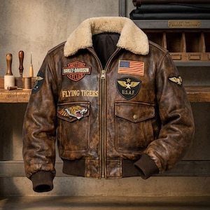 May include: A brown distressed leather bomber jacket with a cream-colored faux fur collar, ribbed cuffs, and a front zipper. The jacket features patches including a Harley-Davidson logo, a U.S. flag, a tiger graphic, and the text Flying Tigers.
