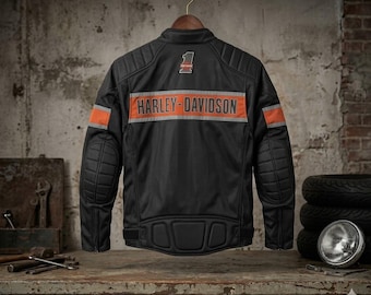 Harley Davidson Mesh Riding Jacket | Men's Black & Orange Biker Jacket | Lightweight Breathable Summer Moto Gear | Reflective Racing Jacket