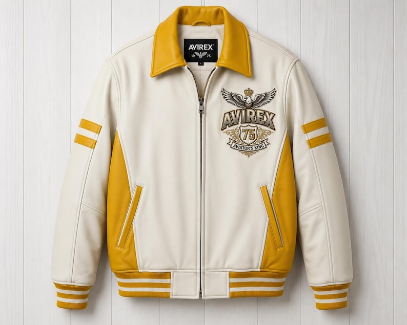 May include: A cream and mustard yellow leather jacket featuring a full-length front zipper, a mustard collar, and striped ribbed cuffs and hem. The chest displays an embroidered emblem with the text AVIREX 75 AVIATOR'S KING and a winged crest.
