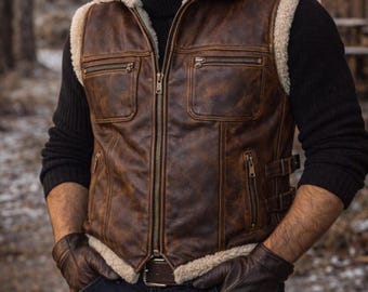 Men’s Brown Shearling Leather Vest Genuine Fur Lined Biker & Western Winter Leather Waistcoat
