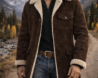 Abrigo de invierno de piel auténtica de ante marrón para hombre, chaqueta larga, abrigo de lujo hecho a mano.