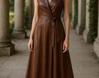 Vestido largo marrón de piel auténtica para mujer, sin mangas, estilo cruzado, vestido de noche para mujer