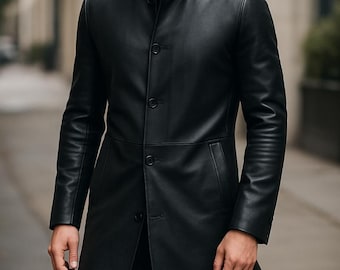 Abrigo largo negro de piel auténtica para hombre, gabardina de invierno, abrigo ajustado.