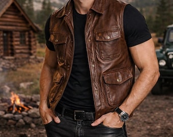 Chaleco utilitario de cuero marrón para hombre, chaqueta de cuero sin mangas con múltiples bolsillos