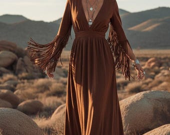Maxi-jurk dames bruin boho cowgirl lange jurk suède look western outfit
