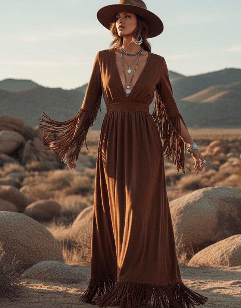 fitted lace wedding dress Boho Fringe Chevron Pattern Western Maxi Dress Beach Cover Up Caftan | Festival Style Swimsuit Cover main image 1