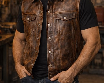 Men’s Distressed Brown Leather Vest Genuine Motorcycle & Western Style Sleeveless Leather Waistcoat