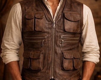 Men’s Brown Leather Utility Vest Genuine Cowhide Multi-Pocket Zipper Leather Waistcoat Vintage Explorer Style