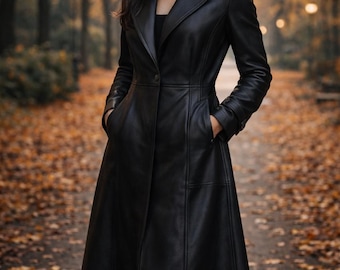 Gabardina larga de piel auténtica negra para mujer, elegante abrigo de piel a medida.