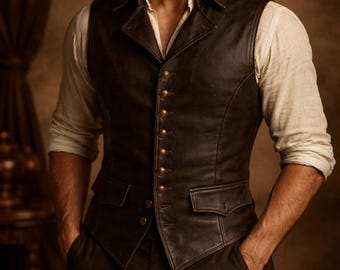 Men’s Brown Leather Waistcoat Genuine Vintage Buttoned Leather Vest Classic Gentleman Style