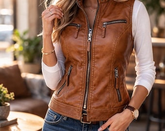 Chaqueta de cuero marrón con cremallera y corte entallado para mujer, sin mangas