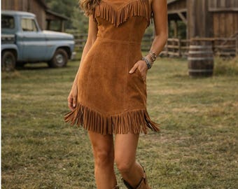 Vestido de ante con flecos para mujer, estilo vaquera occidental, minivestido bohemio.