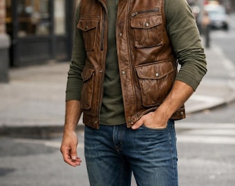 Chaleco multibolsillos de cuero marrón para hombre, chaqueta informal sin mangas