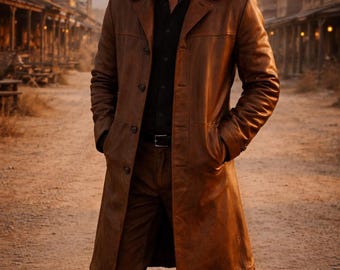 Gabardina de cuero genuino marrón para hombre - Abrigo estilo western vintage hecho a mano