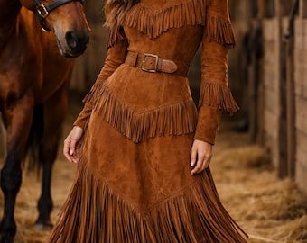 Vestido de ante marrón con flecos, atuendo de vaquera del oeste.