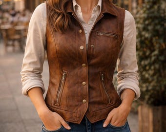 Chaleco de cuero marrón para mujer, chaleco entallado, top casual de estilo vintage.