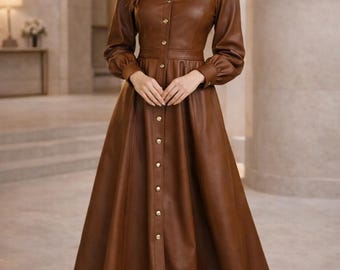 Vestido camisero midi de cuero marrón, elegante conjunto vintage de manga larga