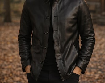 Men's Black Genuine Leather Stand Collar Jacket