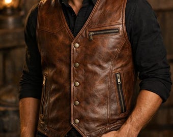 Men’s Brown Vest Handmade Genuine Leather Waistcoat Vintage Biker Western Style Vest for Men